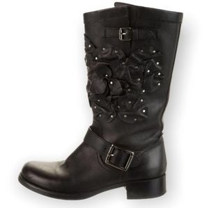 VALENTINO black Leather Floral Print Moto Boots Size 37.5